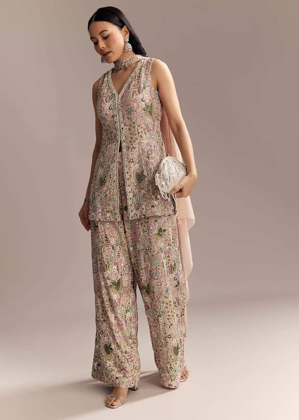 Blush Pink Georgette Palazzo Suit With Sequins And Resham Work Blush Pink Georgette Palazzo Suit With Sequins And Resham Work