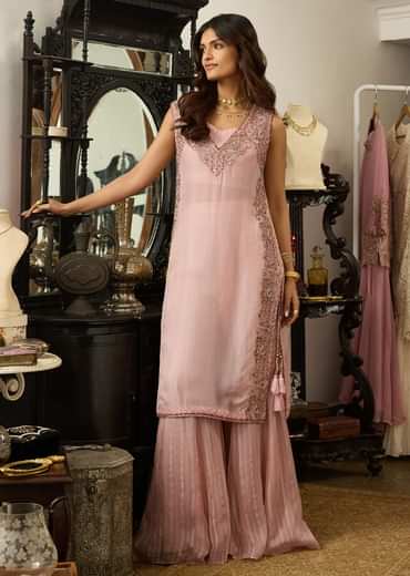 Blush Pink Organza Palazzo Set With Embroidered Kurta