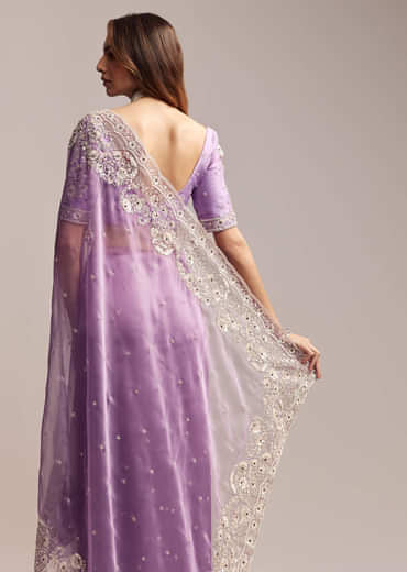 Blush Purple Tissue Saree With Floral Embroidery