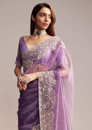 Blush Purple Tissue Saree With Floral Embroidery