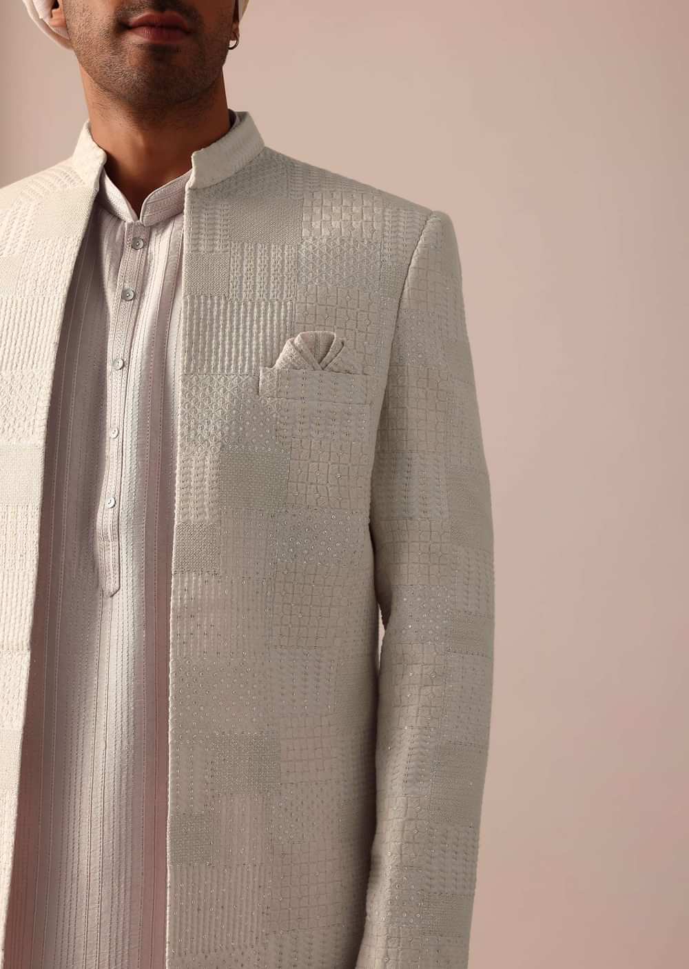 Blush Peach Silk Sherwani Set With Intricate Embroidery