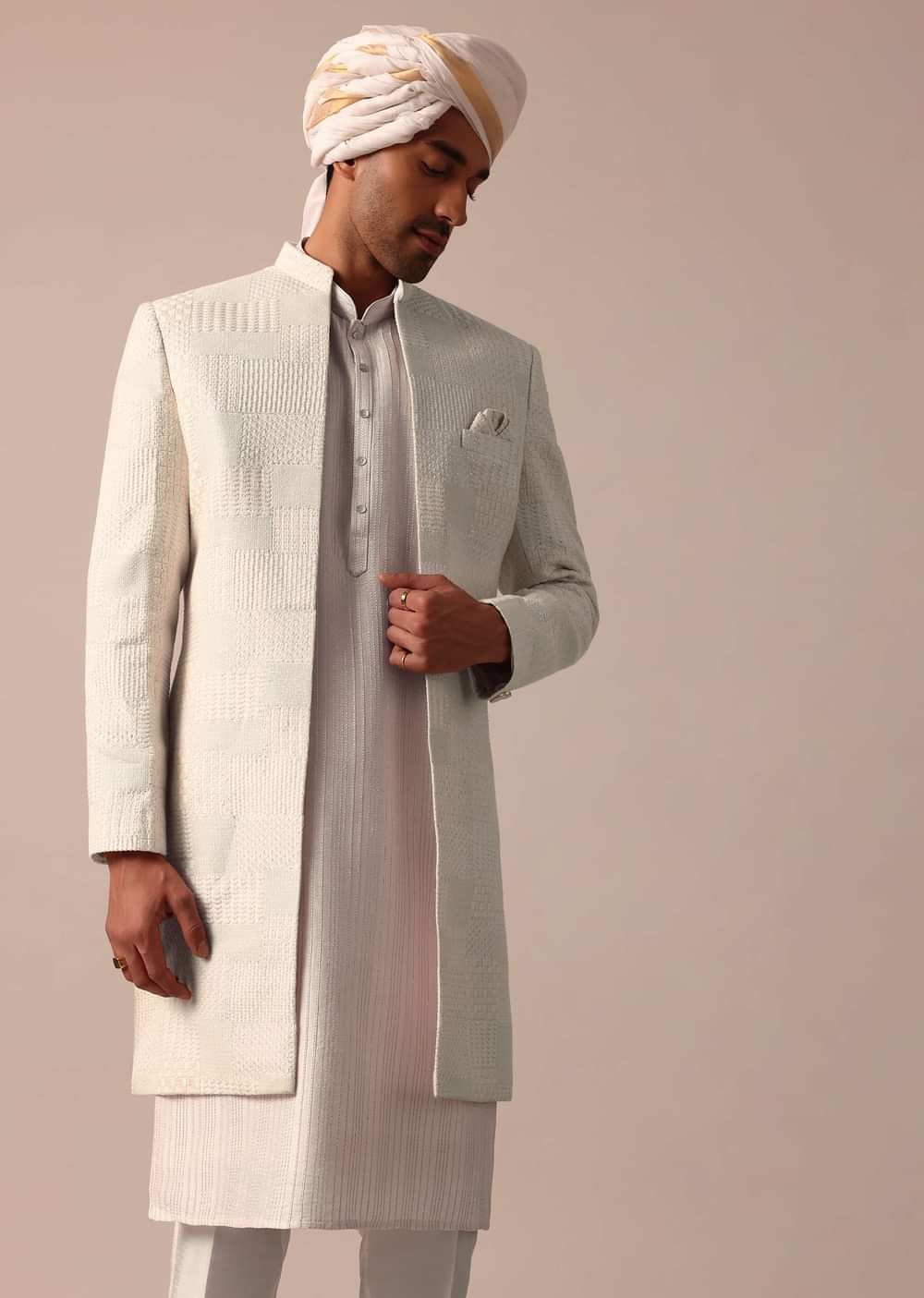 Blush Peach Silk Sherwani Set With Intricate Embroidery