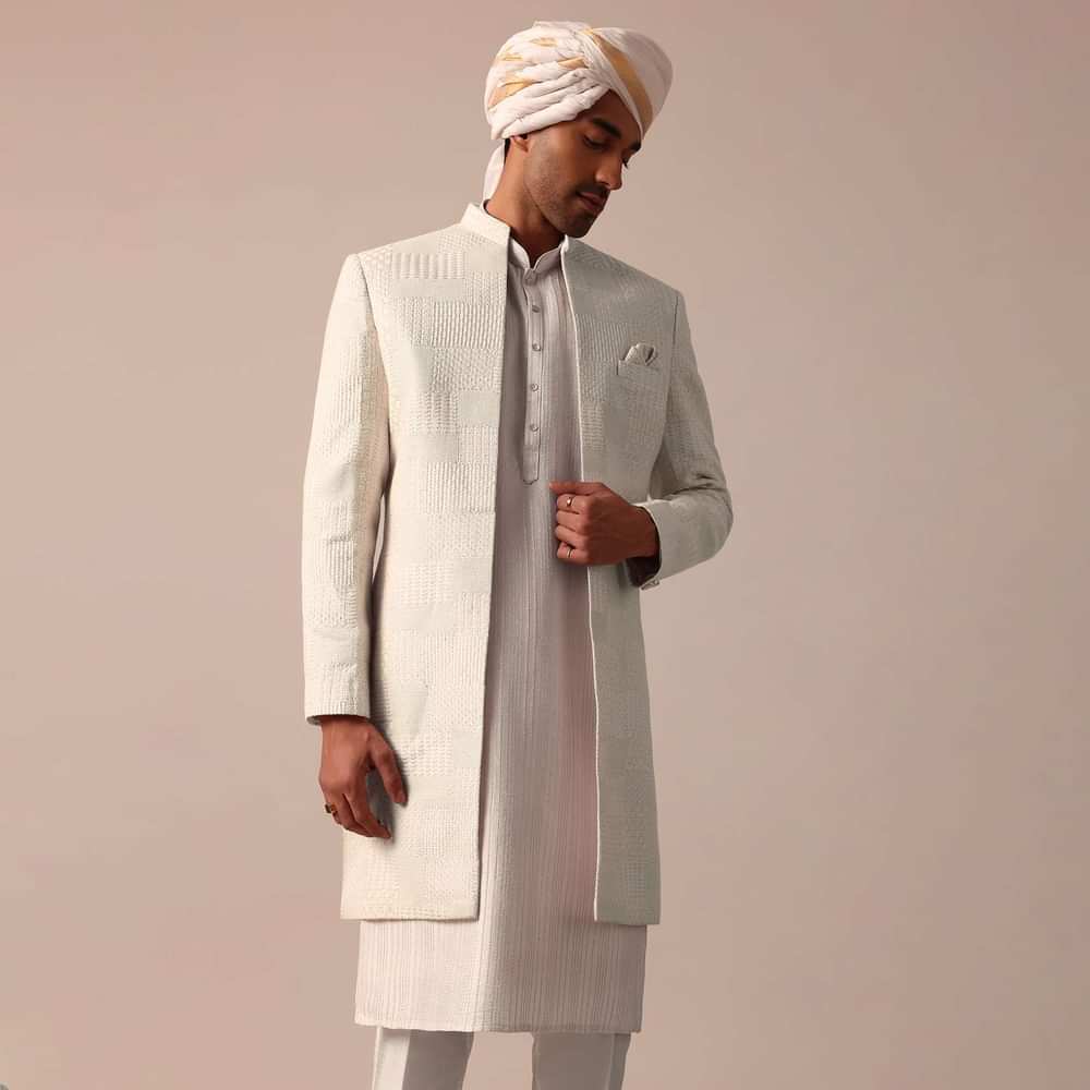 Blush Peach Silk Sherwani Set With Intricate Embroidery