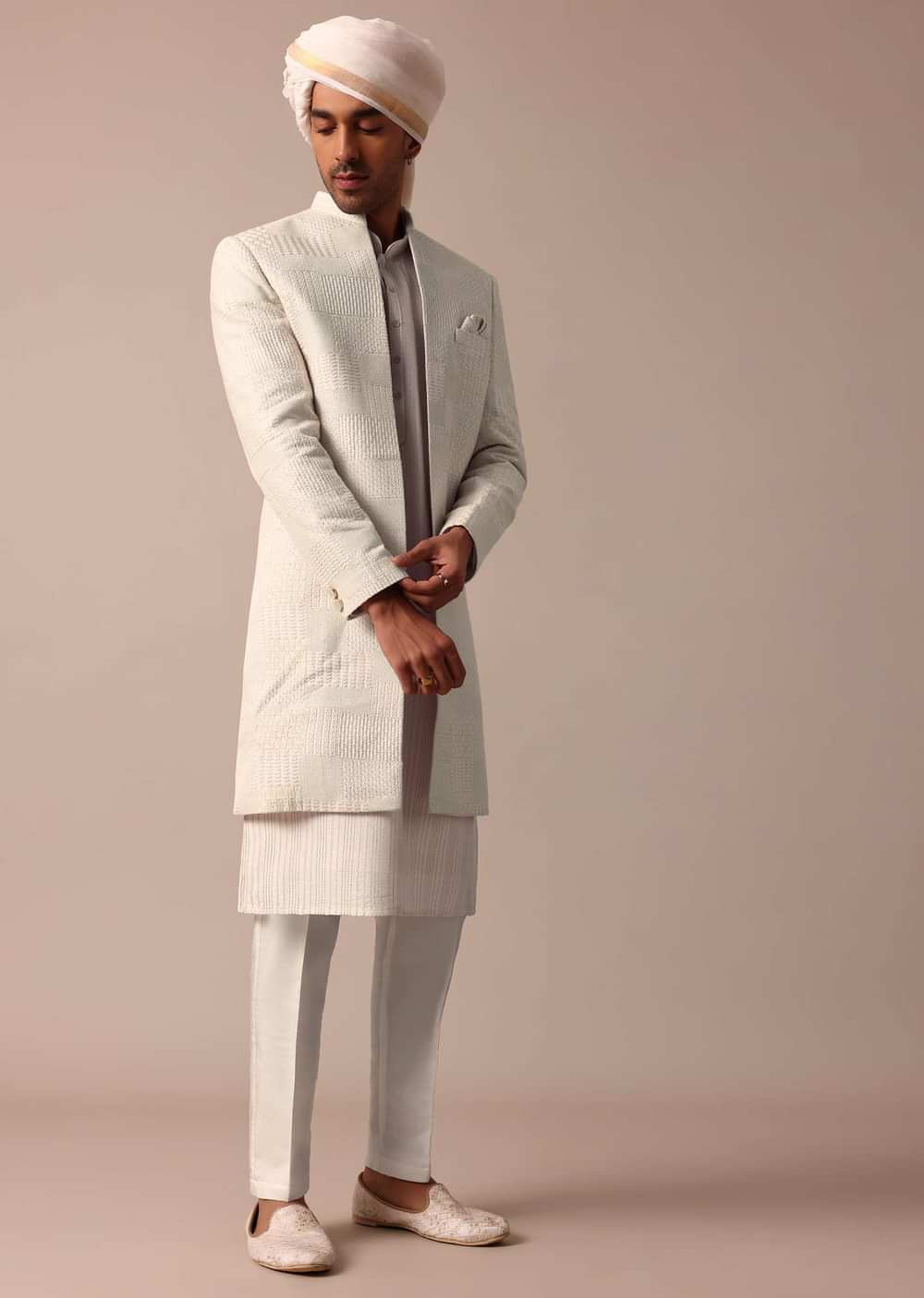 Blush Peach Silk Sherwani Set With Intricate Embroidery