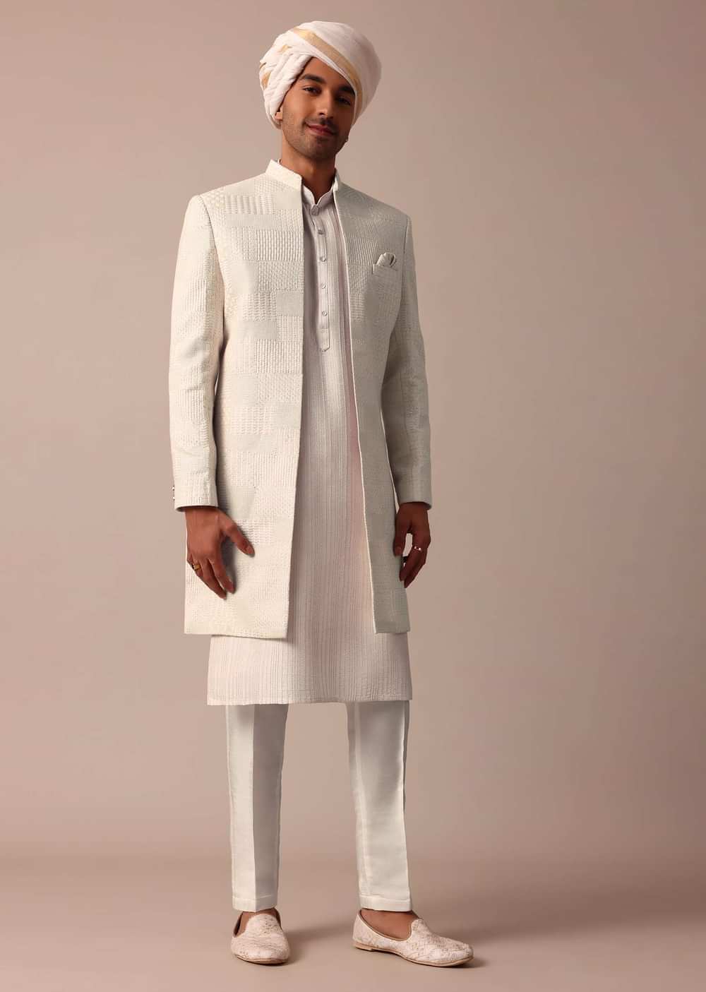 Blush Peach Silk Sherwani Set With Intricate Embroidery