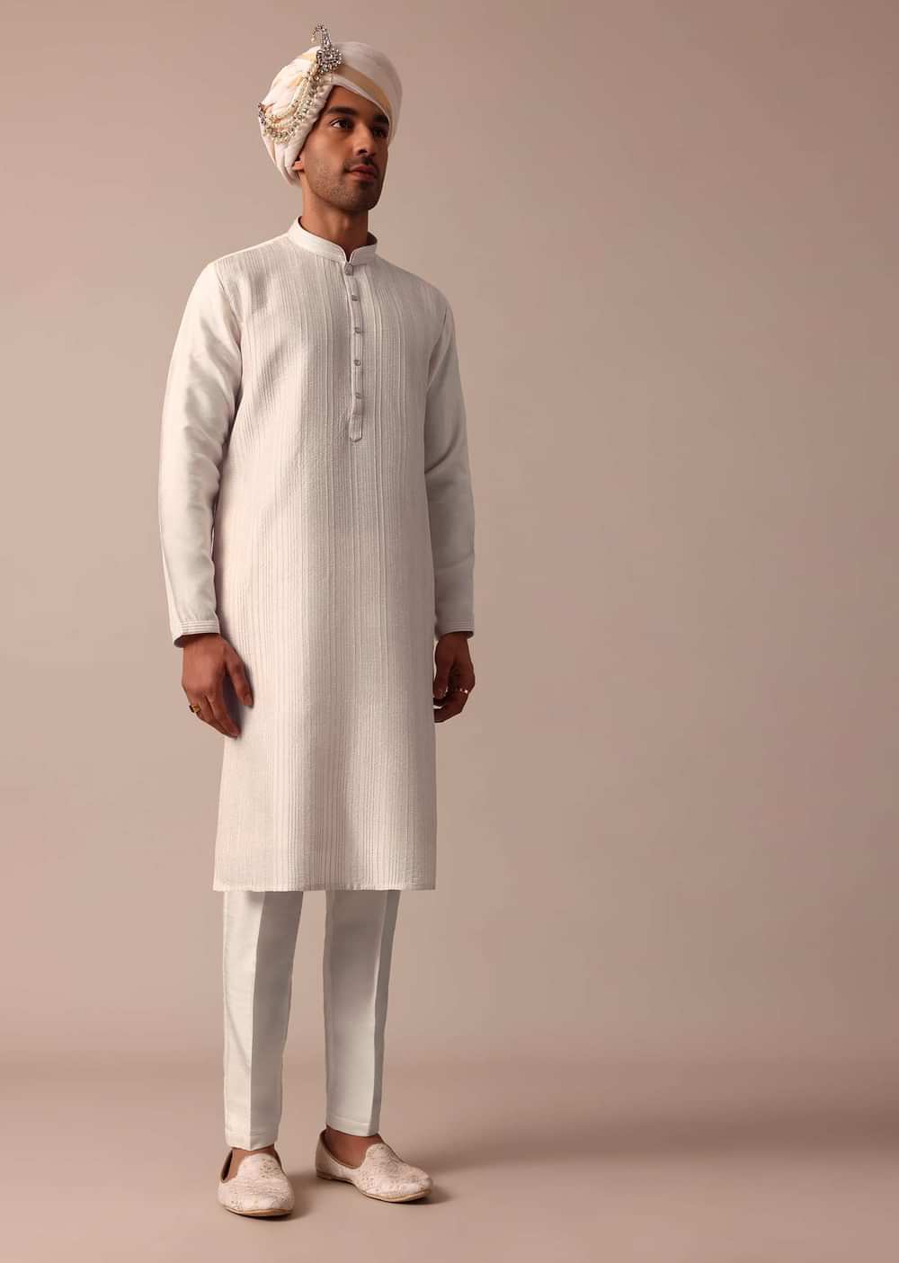 Blush Peach Silk Sherwani Set With Intricate Embroidery