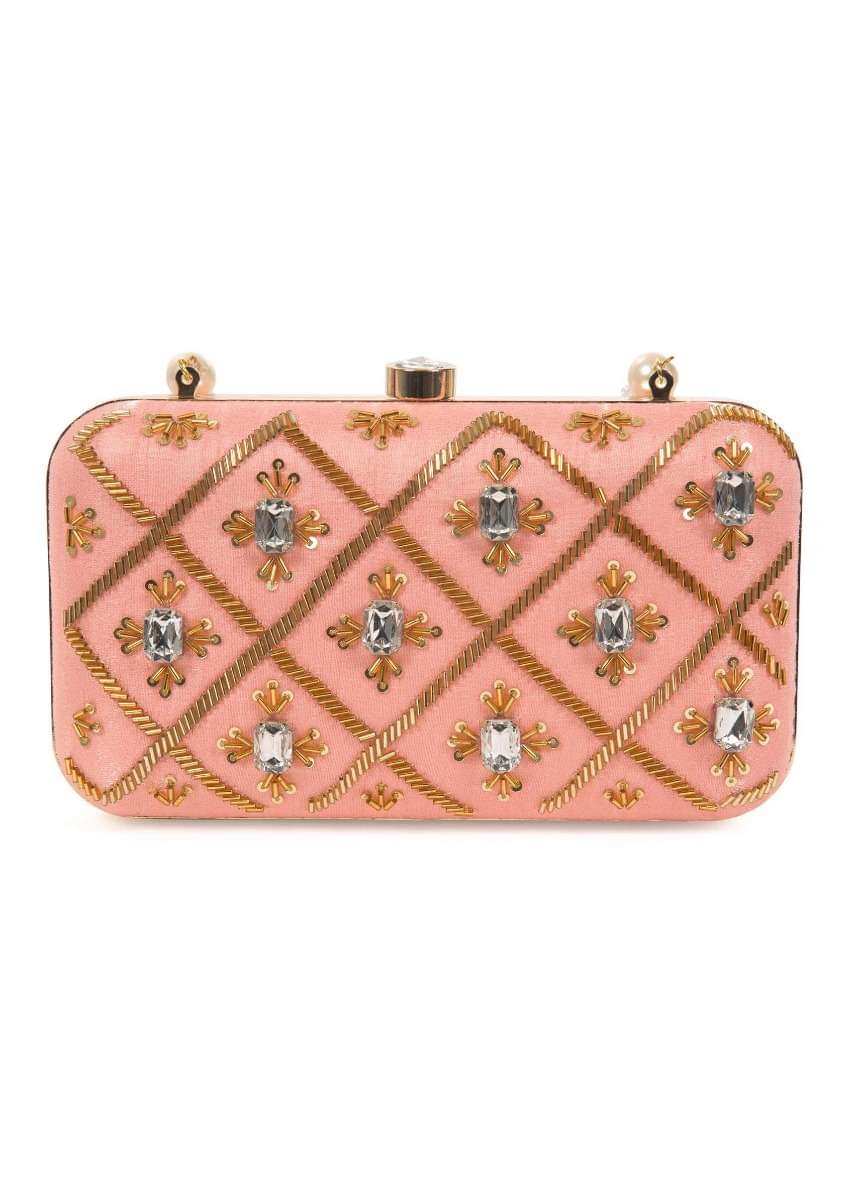 Blush pink hand embroidered capsule clutch