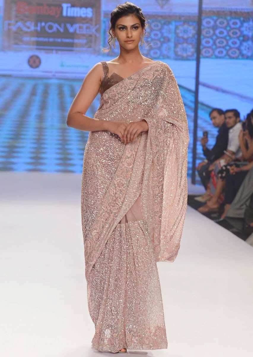 Neeti Mohan in Kalki blush pink hand sequins embroidered saree with spring work border