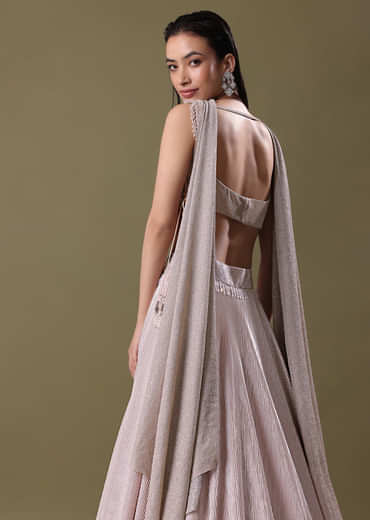 Blush Pink Pre-Pleated Frill Lehenga With TieUp Blouse And Choker Dupatta
