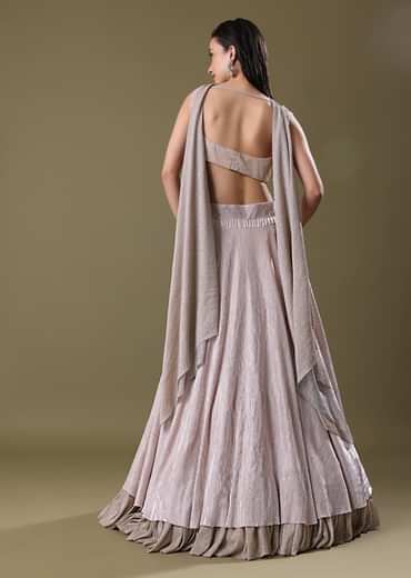 Blush Pink Pre-Pleated Frill Lehenga With TieUp Blouse And Choker Dupatta
