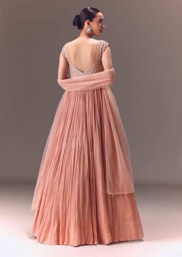 Blush Pink Ruched Anarkali Gown With Dupatta
