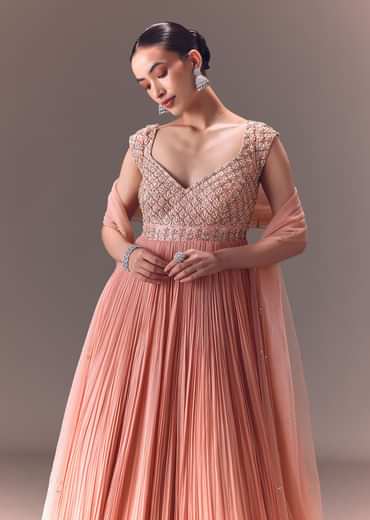 Blush Pink Ruched Anarkali Gown With Dupatta