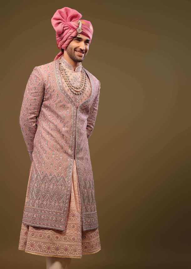 Blush Pink Thread Embroidered Silk Sherwani Set In Cut-dana and Zardosi