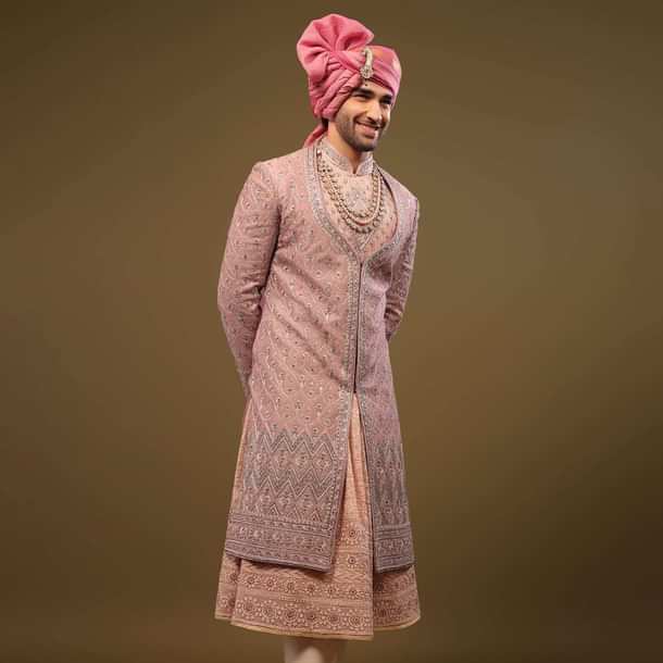 Blush Pink Thread Embroidered Silk Sherwani Set In Cut-dana and Zardosi