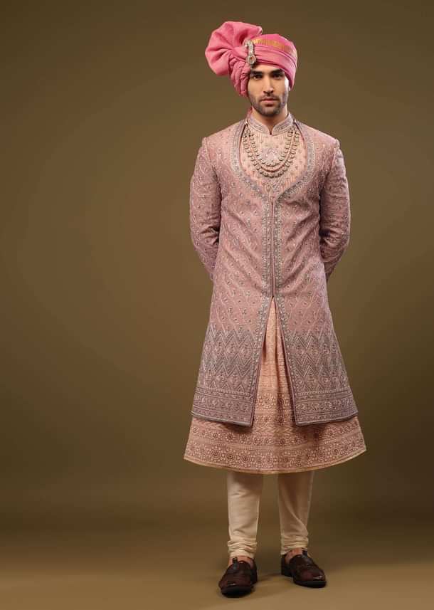 Blush Pink Thread Embroidered Silk Sherwani Set In Cut-dana and Zardosi