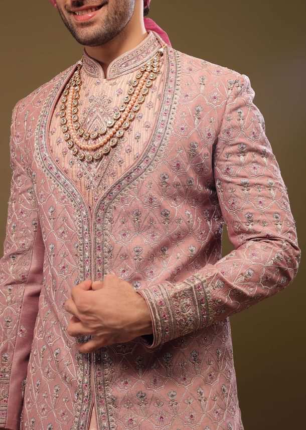 Blush Pink Thread Embroidered Silk Sherwani Set In Cut-dana and Zardosi