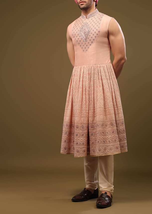 Blush Pink Thread Embroidered Silk Sherwani Set In Cut-dana and Zardosi