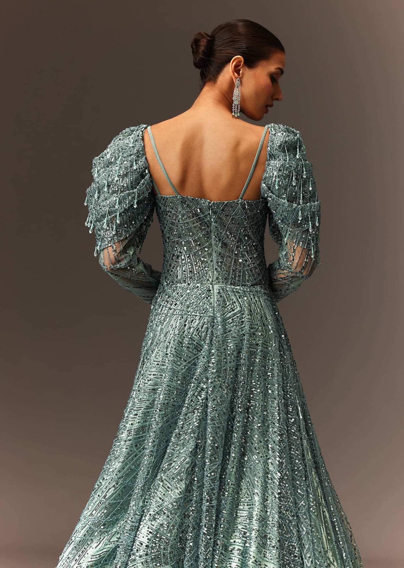Blusih Grey Sequins Gown With Corset Blouse And Symmetrical Sleeves