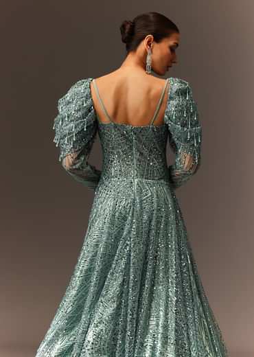 Blusih Grey Sequins Gown With Corset Blouse And Symmetrical Sleeves