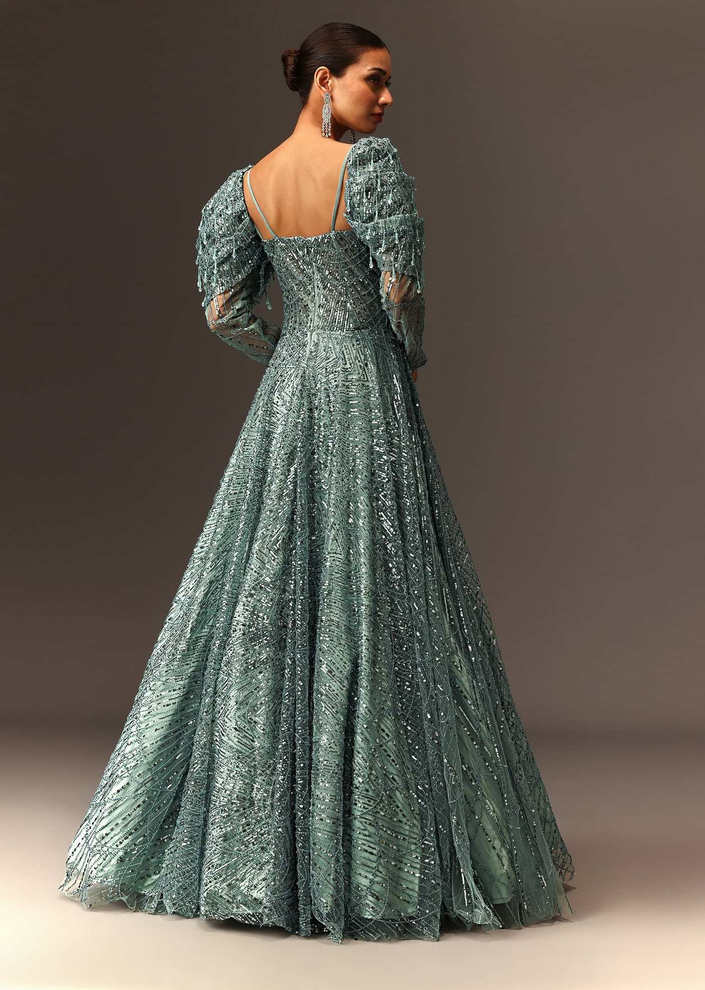 Blusih Grey Sequins Gown With Corset Blouse And Symmetrical Sleeves