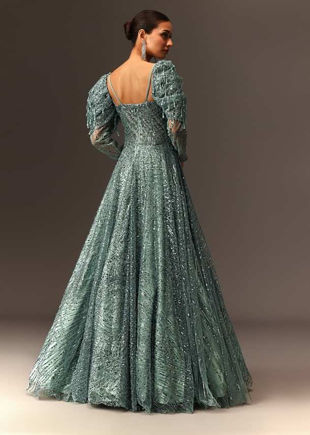 Blusih Grey Sequins Gown With Corset Blouse And Symmetrical Sleeves