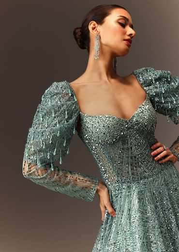 Blusih Grey Sequins Gown With Corset Blouse And Symmetrical Sleeves