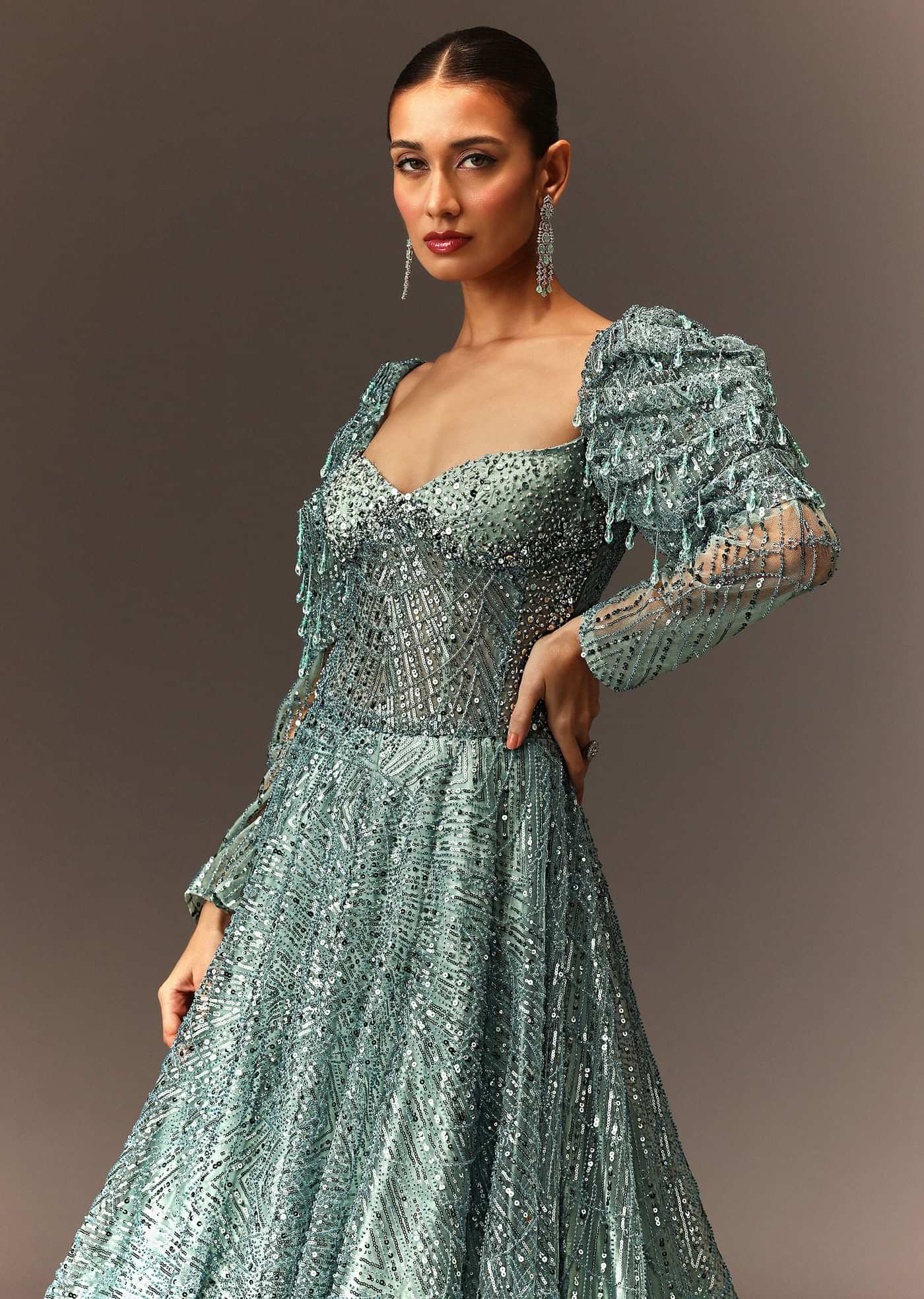 Blusih Grey Sequins Gown With Corset Blouse And Symmetrical Sleeves
