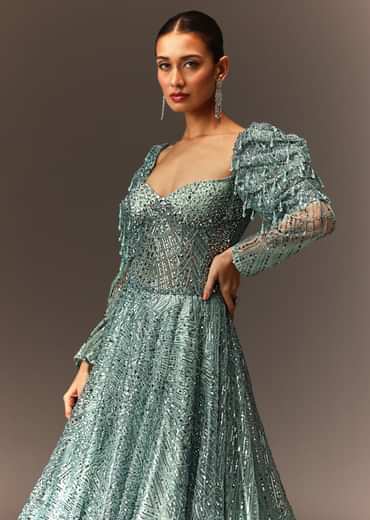 Blusih Grey Sequins Gown With Corset Blouse And Symmetrical Sleeves