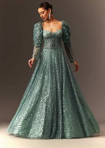 Blusih Grey Sequins Gown With Corset Blouse And Symmetrical Sleeves
