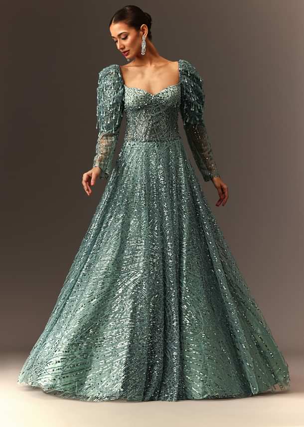 Blusih Grey Sequins Gown With Corset Blouse And Symmetrical Sleeves