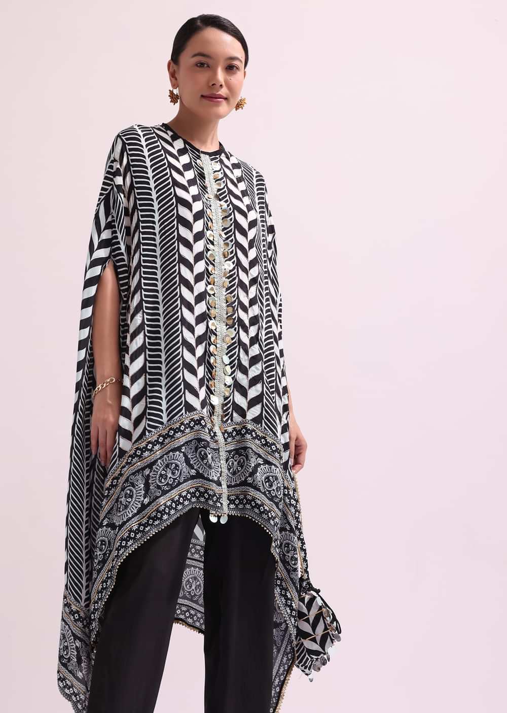 Boho Style Printed Black Kurta Pant Set With Matching Potali