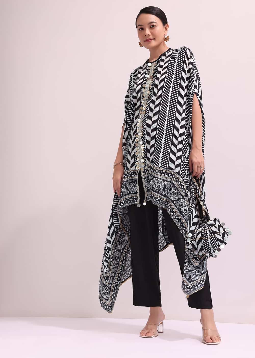 Boho Style Printed Black Kurta Pant Set With Matching Potali