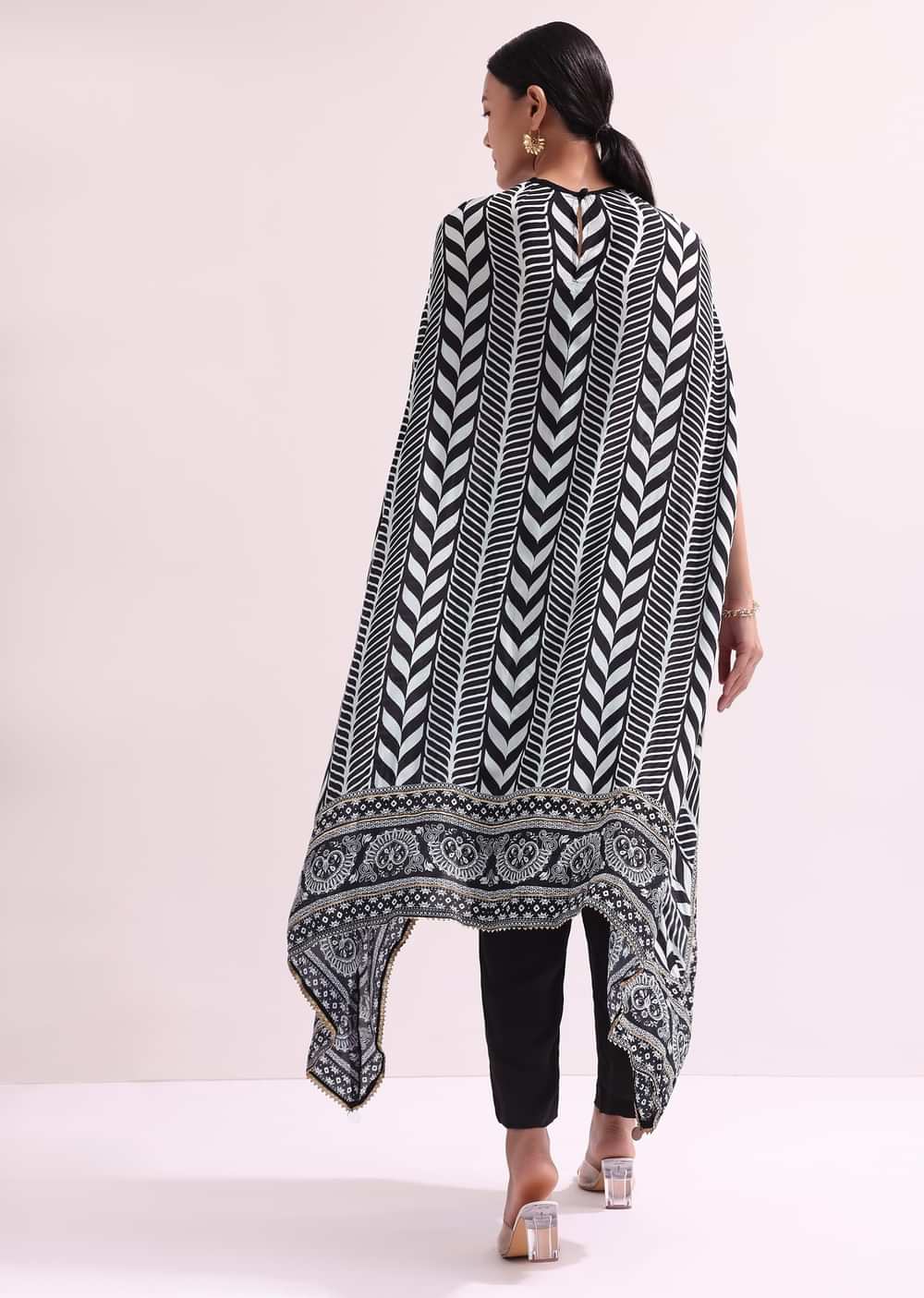 Boho Style Printed Black Kurta Pant Set With Matching Potali