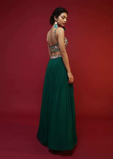 Bottle Green Lehenga Choli And Sleeveless Peplum Jacket Adorned With Colorful Resham And Moti Embroidered Flowers