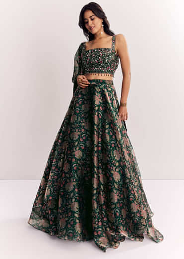 Bottle Green Mirror Work Lehenga Choli Set In Organza Tissue