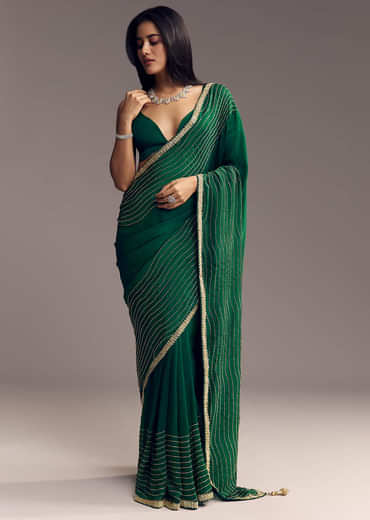 Bottle Green Organza Saree With Scalloped Cut Dana Detailing
