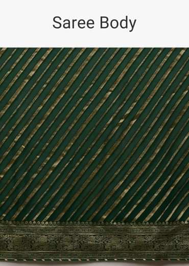 Bottle Green Saree In Georgette With Brocade Woven Diagonal Stripes And Floral Border