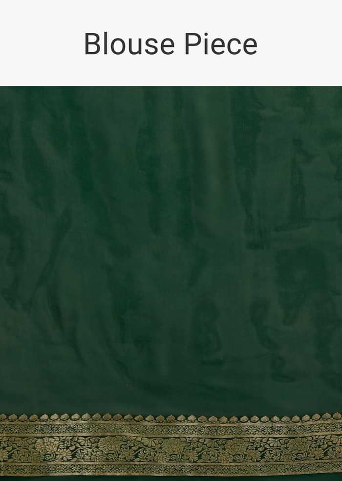 Bottle Green Saree In Georgette With Brocade Woven Diagonal Stripes And Floral Border