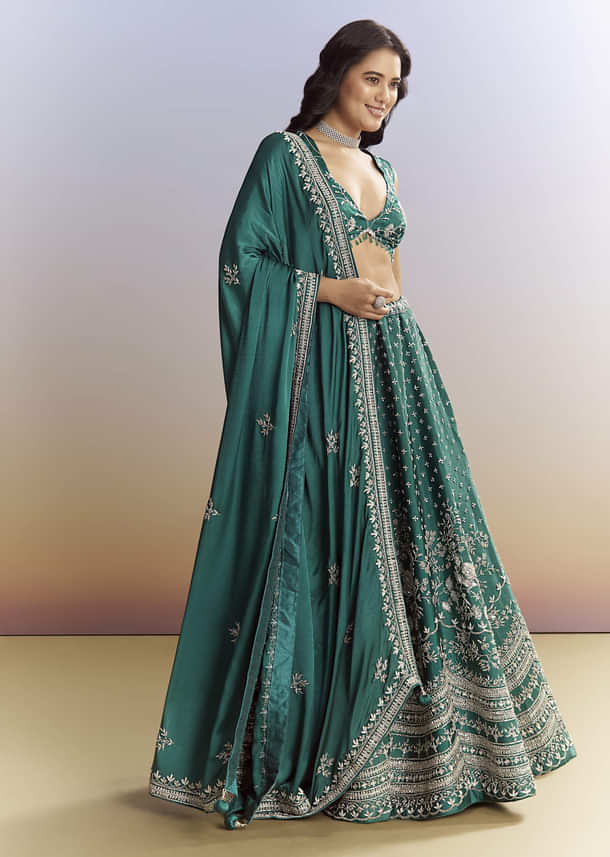 Bottle Green Satin Bridesmaid Lehenga With Heavy Embroidery