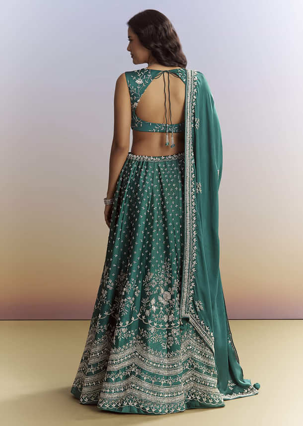 Bottle Green Satin Bridesmaid Lehenga With Heavy Embroidery