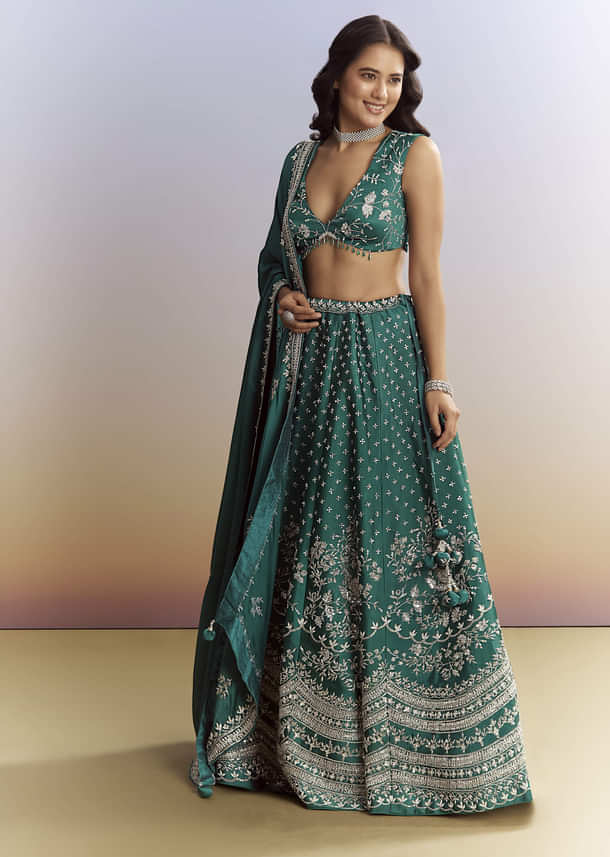 Bottle Green Satin Bridesmaid Lehenga With Heavy Embroidery