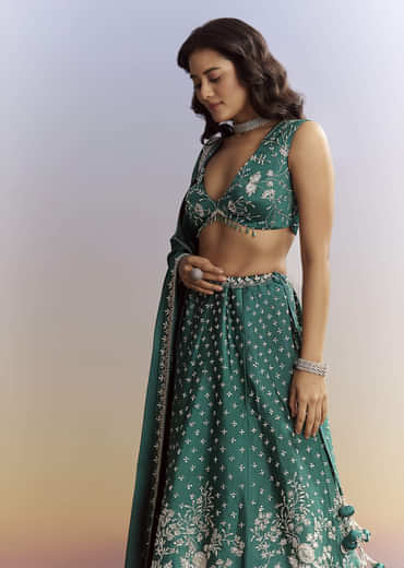 Bottle Green Satin Bridesmaid Lehenga With Heavy Embroidery