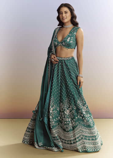 Bottle Green Satin Bridesmaid Lehenga With Heavy Embroidery