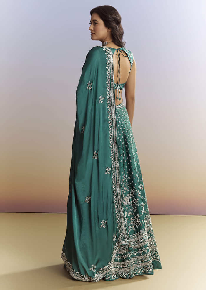 Bottle Green Satin Bridesmaid Lehenga With Heavy Embroidery
