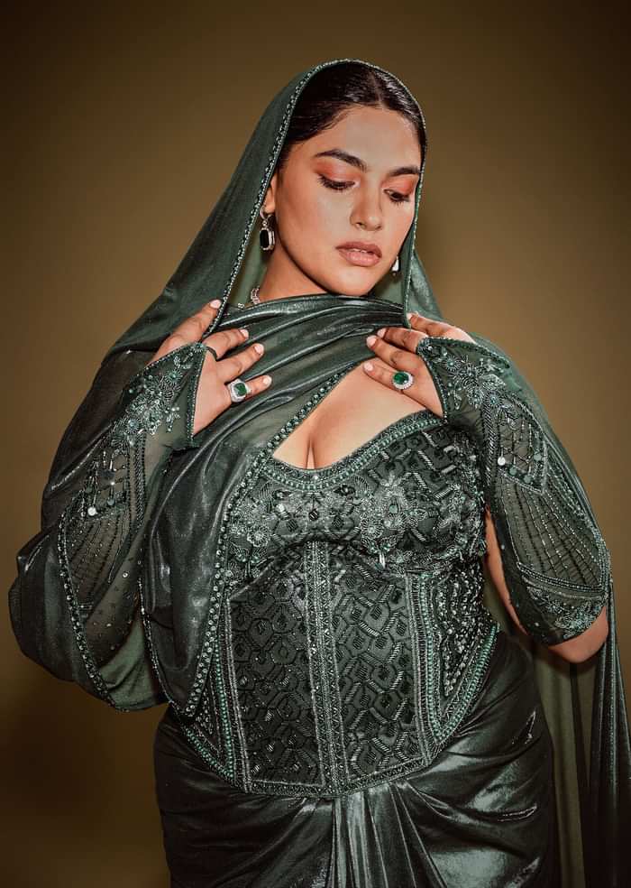 Bottle Green Shimmer Drape Skirt With Embroidered Corset And Dupatta