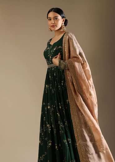 Bottle Green Anarkali Suit In Silk With Zari And Sequins Embroidered Floral Jaal And A Beige Organza Dupatta