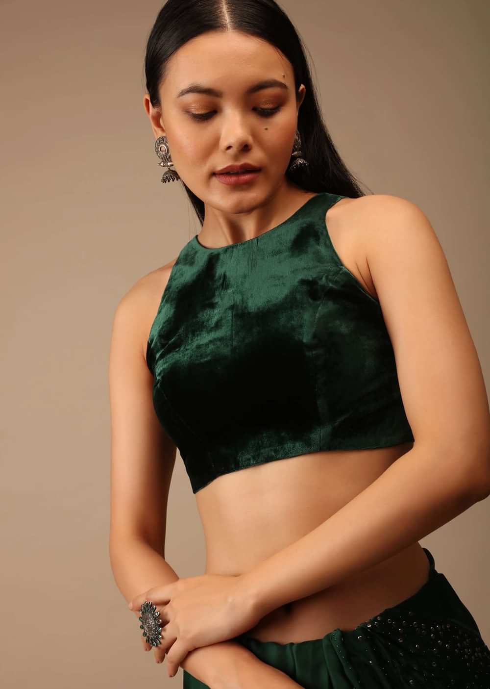 Bottle Green Blouse In Velvet With Halter Neckline And Back Zip Detailing