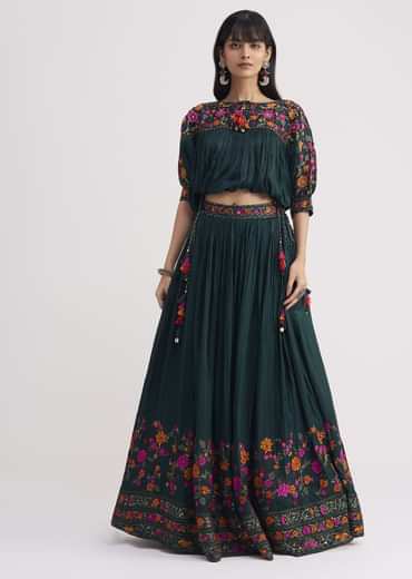 Bottle Green Chiffon Crop Top With Skirt With Colourful Resham Blooms