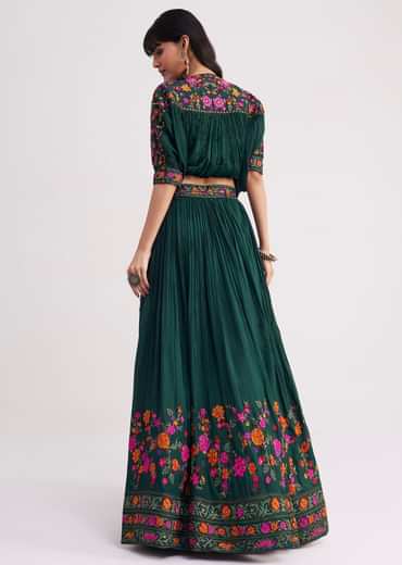 Bottle Green Chiffon Crop Top With Skirt With Colourful Resham Blooms