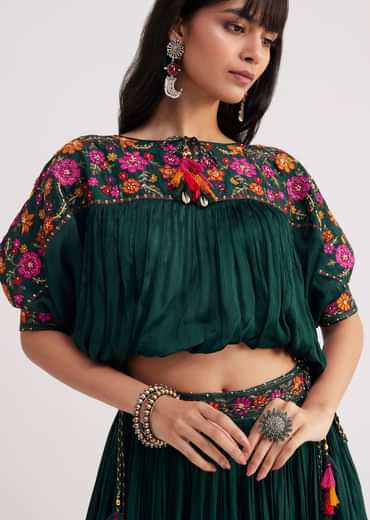 Bottle Green Chiffon Crop Top With Skirt With Colourful Resham Blooms
